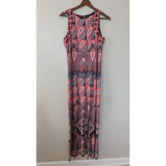 London Times Maxi Dress Paisley Sleeveless Coral Slits Artsy Boho Stretch Sz 10 - Picture 1 of 9